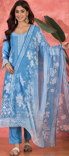 Blue color Salwar Kameez in Muslin fabric with Embroidered work