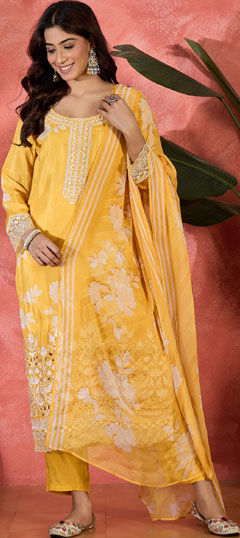 Yellow color Salwar Kameez in Muslin fabric with Embroidered work