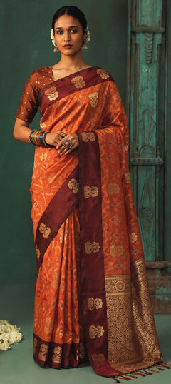 Orange color Saree in Silk fabric with Weaving work