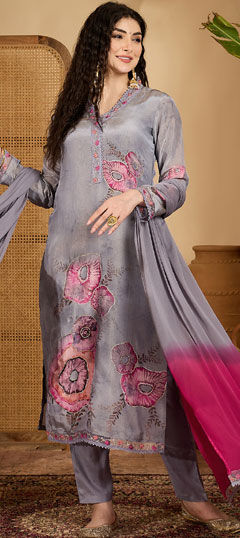 Black and Grey color Salwar Kameez in Shimmer fabric with Embroidered work