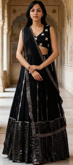 Black and Grey color Lehenga in Georgette fabric with Sequence, Thread, Zari work