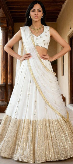 White and Off White color Lehenga in Georgette fabric with Embroidered, Mirror, Sequence, Thread, Zari work