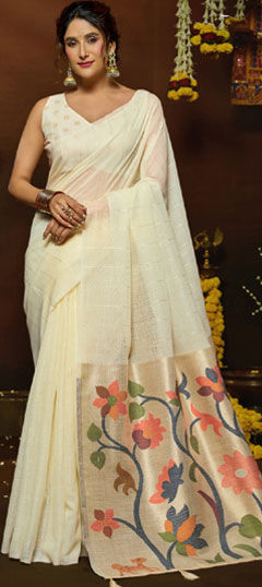 White and Off White color Saree in Jacquard fabric with Weaving work