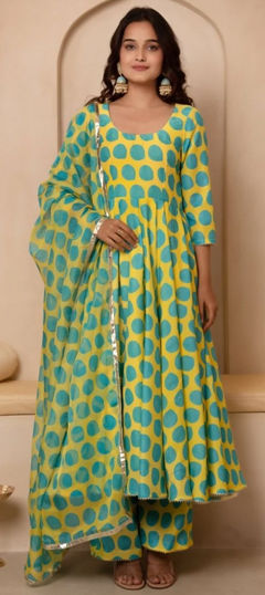 Green, Yellow color Salwar Kameez in Muslin fabric with Printed work