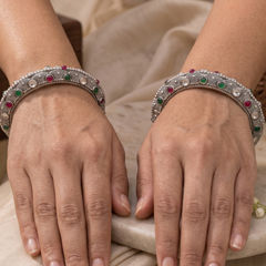 Silver Rodium Polish Green, Pink and Majenta color Bangles in Metal Alloy studded with CZ Diamond