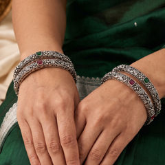 Silver Rodium Polish Green, Pink and Majenta color Bangles in Metal Alloy studded with CZ Diamond