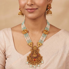 Gold Rodium Polish Green color Necklace in Metal Alloy studded with CZ Diamond, Pearl