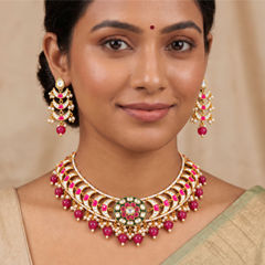Gold Rodium Polish Pink and Majenta color Necklace in Metal Alloy studded with CZ Diamond, Pearl