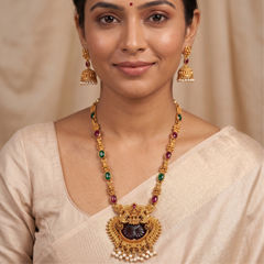 Gold Rodium Polish Green, Pink and Majenta color Necklace in Metal Alloy studded with CZ Diamond, Pearl