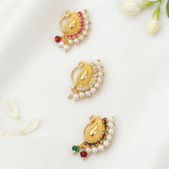 Gold Rodium Polish Multicolor color Nose Pin in Metal Alloy studded with Pearl