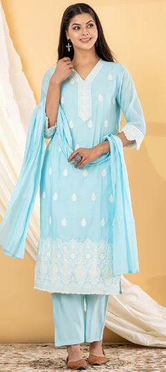 Blue color Salwar Kameez in Mul Chanderi fabric with Embroidered work