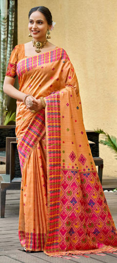 Orange color Saree in Silk fabric with Weaving work