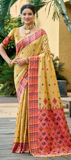 Yellow color Saree in Silk fabric with Weaving work