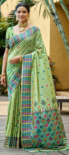 Green color Saree in Silk fabric with Weaving work