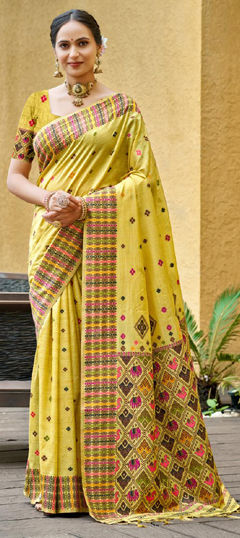 Yellow color Saree in Silk fabric with Weaving work