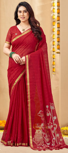Red and Maroon color Saree in Linen fabric with Weaving, Zari work