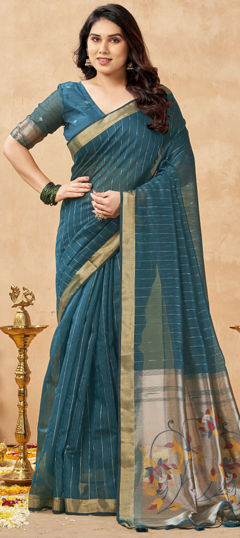 Blue color Saree in Cotton, Tissue fabric with Weaving, Zari work