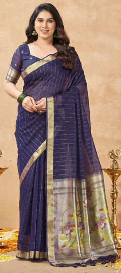 Purple and Violet color Saree in Cotton, Tissue fabric with Weaving, Zari work