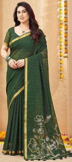 Green color Saree in Linen fabric with Weaving, Zari work