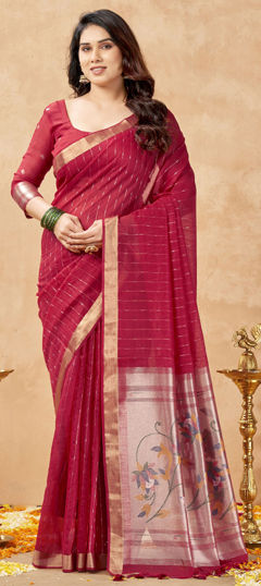 Red and Maroon color Saree in Cotton, Tissue fabric with Weaving, Zari work
