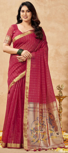 Red and Maroon color Saree in Cotton, Tissue fabric with Weaving, Zari work