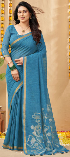 Blue color Saree in Linen fabric with Weaving, Zari work