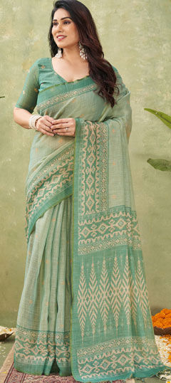 Green color Saree in Linen fabric with Printed work