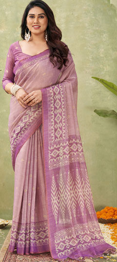 Pink and Majenta color Saree in Linen fabric with Printed work