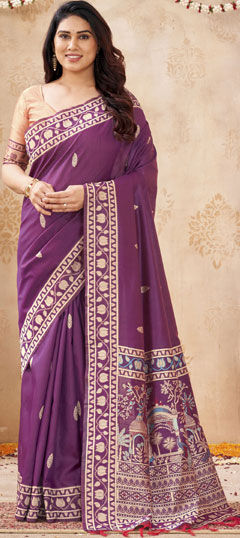 Purple and Violet color Saree in Raw Silk fabric with Weaving work