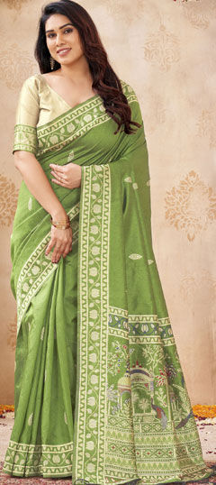 Green color Saree in Raw Silk fabric with Weaving work