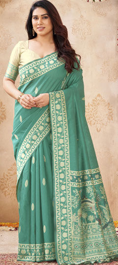 Green color Saree in Raw Silk fabric with Weaving work