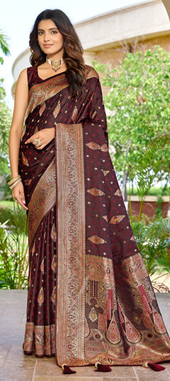 Red and Maroon color Saree in Banarasi Silk fabric with Weaving, Zari work