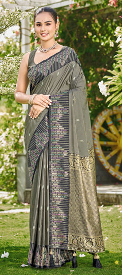 Black and Grey, Green color Saree in Banarasi Silk fabric with Weaving, Zari work