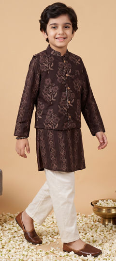 Beige and Brown color Boys Kurta Pyjama with Jacket in Cotton fabric with Floral, Printed work