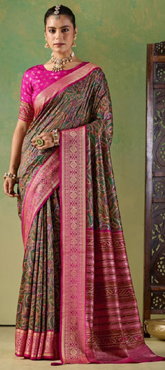 Pink and Majenta color Saree in Silk fabric with Printed, Weaving work
