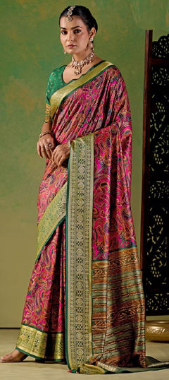 Pink and Majenta color Saree in Silk fabric with Printed, Weaving work