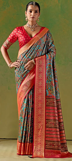 Red and Maroon color Saree in Silk fabric with Printed, Weaving work