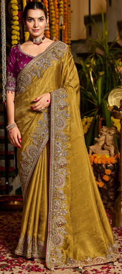 Yellow color Saree in Tissue fabric with Bugle Beads, Sequence, Zardozi work