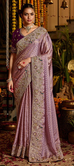 Purple and Violet color Saree in Tissue fabric with Bugle Beads, Sequence, Zardozi work