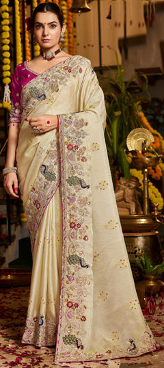 White and Off White color Saree in Tissue fabric with Bugle Beads, Sequence, Zardozi work