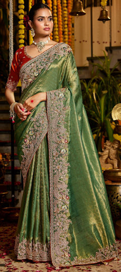 Green color Saree in Tissue fabric with Bugle Beads, Sequence, Zardozi work