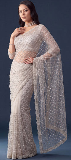 White and Off White color Saree in Net fabric with Bugle Beads, Embroidered, Sequence, Stone work