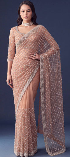 Beige and Brown color Saree in Net fabric with Bugle Beads, Embroidered, Sequence, Stone work