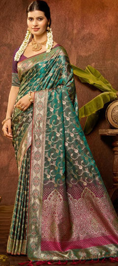 Blue color Saree in Satin Silk fabric with Printed work