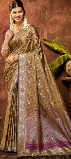 Beige and Brown color Saree in Satin Silk fabric with Printed work