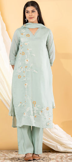 Green color Salwar Kameez in Mul Chanderi fabric with Embroidered, Mirror work