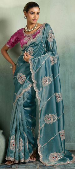 Blue color Saree in Silk fabric with Embroidered work