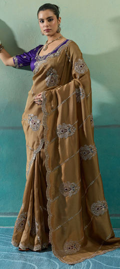 Beige and Brown color Saree in Silk fabric with Embroidered work