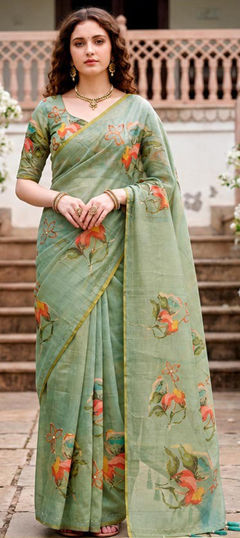 Green color Saree in Cotton fabric with Aari work