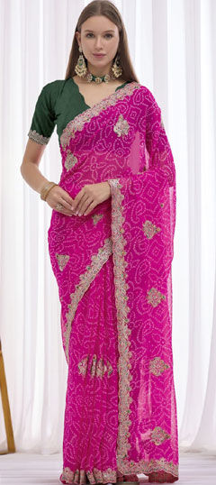 Pink and Majenta color Saree in Georgette fabric with Embroidered work